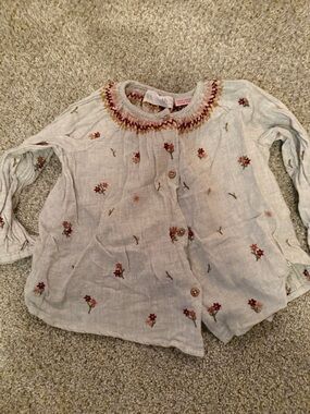 Zara Light Sage Button-Front Smocked Floral Top